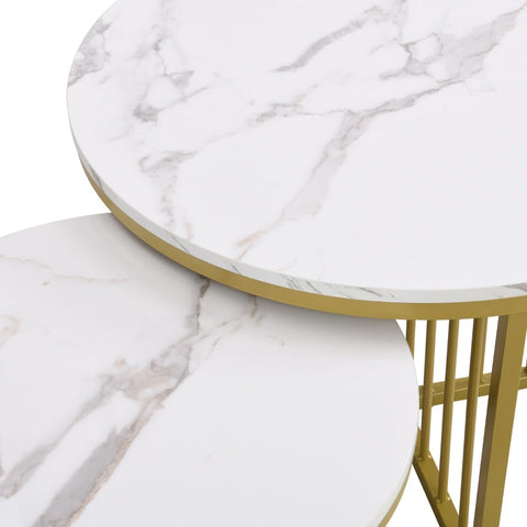 Rootz Nesting Coffee Table Set - High Gloss Tables - Marble Look - Luxurious Design - 70x70x50cm & 50x50x45cm - Gold-Plated Durability