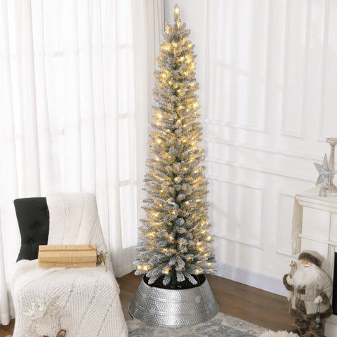 Rootz Snow-Covered Artificial Christmas Tree - Pre-Lit Xmas Tree - Warm White LED Lights - Slim Shape - Ø57cm x 210cm