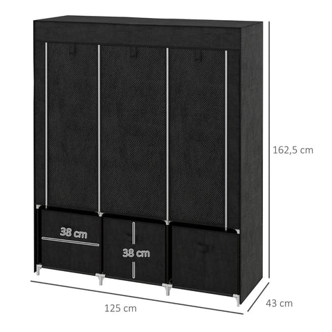 Rootz Fabric Cabinet - Made Of Fleece - Folding Cabinet - Fabric Wardrobe - Including 3 Drawers - Black - 125 cm x 43 cm x 162.5 cm
