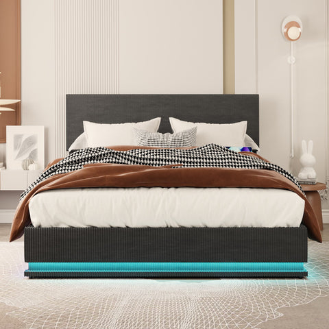 Rootz Velvet Double Bed Frame - Storage Bed - Upholstered Bed - USB Charging & LED Lights - 211cm x 173cm x 113cm