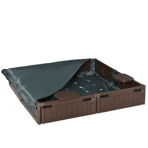 Rootz Sandpit with Cover & Groundsheet - Tarpaulin - Ground Spikes - Modular Design - 4 Seats - Brown - 1.23L x 1.23W Cm