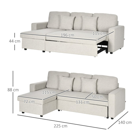 Rootz Corner Sofa Bed - Sleeper Lounge - L-Shaped Sofa - Storage Space - White - 225cm x 140cm x 88cm