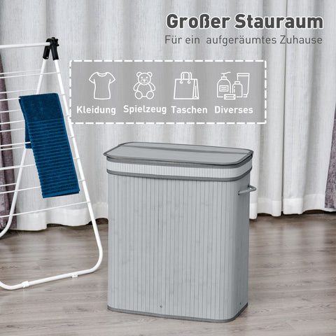 Rootz Bamboo Laundry Basket - 100L Clothes Hamper - Foldable Storage Bin - Water Resistant - 52cm x 32cm x 63cm - Grey