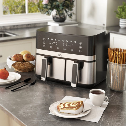 Rootz Hot Air Fryer - Deep Fryer - Dual Basket Fryer - 2700W - 8 Settings - Smart Finish - Healthier Meals - 41.8cm x 39.2cm x 31.1cm - Black + Silver