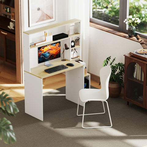 Rootz Computer Table Desk - Workstation - Office Table - Efficient Storage - Brown +White - 113cm x 45cm x 138.5cm