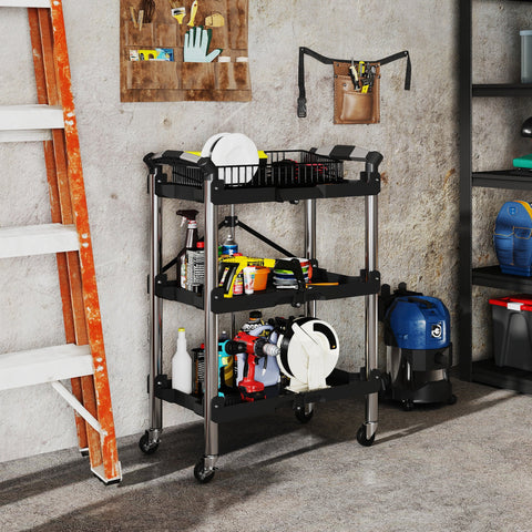 Rootz Tool Trolley - Foldable Tool Cart - Rolling Tool Cart - Durable Storage Solution - 64cm x 37cm x 84cm