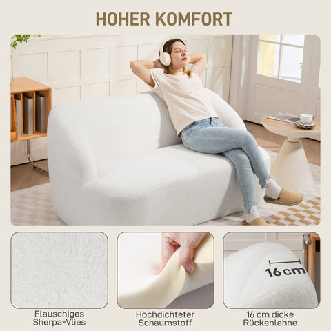 Rootz 2-Seater Sofa - Curved Sofa - Upholstered Couch - Warm Fleece Comfort - 142cm x 85cm x 73.5cm -White