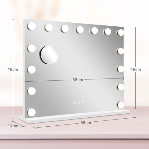 Rootz LED Makeup Mirror - Cosmetic Vanity Mirror - Lighted Mirror - 15 Dimmable Bulbs - USB Port - 58cm x 48cm x 14cm