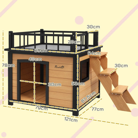 Rootz Wooden Dog House - Roof Terrace Dog Kennel - Fir Wood Pet Shelter - Waterproof Paint - Yellow - 121cm x 77cm x 78cm