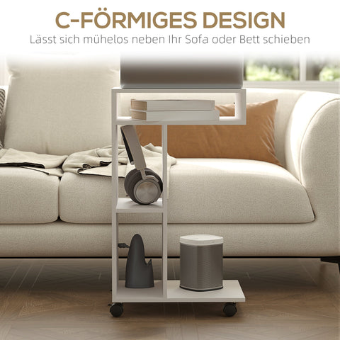 Rootz Side Table - C-Shaped Serving Car - Mobile Organizer - 4 Wheels - Efficient Storage - 40 x 30 x 69 cm, Robust Chipboard, White