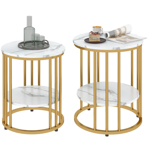 Rootz 2 Piece Set Round Side Table - Coffee Tables - Marble Look - Double Storage Space - Ø45 x 55H cm & Ø40 x 50.5H cm