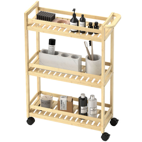Rootz 3 Floor Bamboo Serving Cart - Storage Car - Rolling Trolley - Mold-Free Slat Shelves - 55cm x 20cm x 75cm