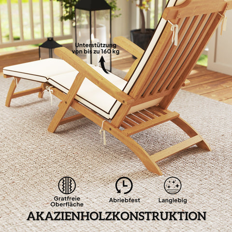 Rootz Foldable Garden Lounger - Sun Lounger - Deck Chair - Supports 160kg - 155cm x 54cm x 86cm - White, Brown Finish