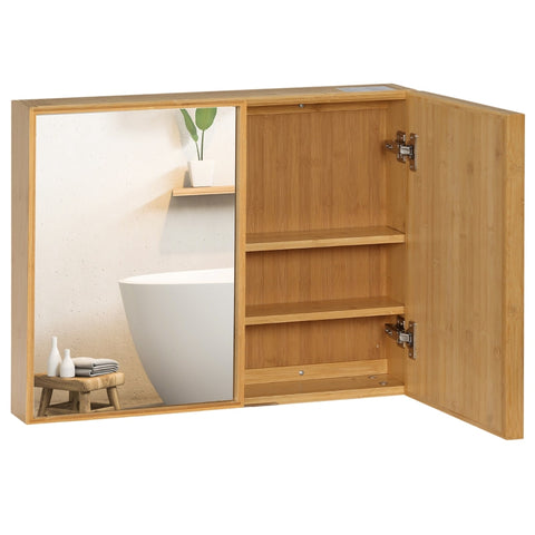Rootz Kleankin Bathroom Cabinet with Mirror Doors - Storage Solution - Wall-Mounted Cabinet - Bamboo Housing - 65.2cm x 14cm x 50cm