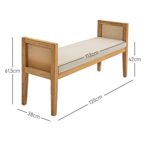 Rootz Bed End Bench - Linen-Covered Seating - Rattan Armrest Bench - Comfort Seating - 120cm x 38cm x 61.5cm
