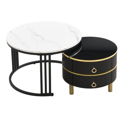 Rootz Modern 2-in-1 Coffee Table Set - Marble Pattern Table - High Gloss Tabletop - Space Saving - 70 x 70 x 46 cm & 50 x 50 x 40 cm