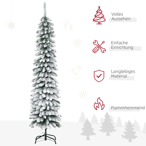Rootz Artificial Snowy Christmas Tree - Slim Xmas Tree - Fireproof Pine - Realistic Look, Space-Saving, 180cm, Green/White, 46x46x180cm
