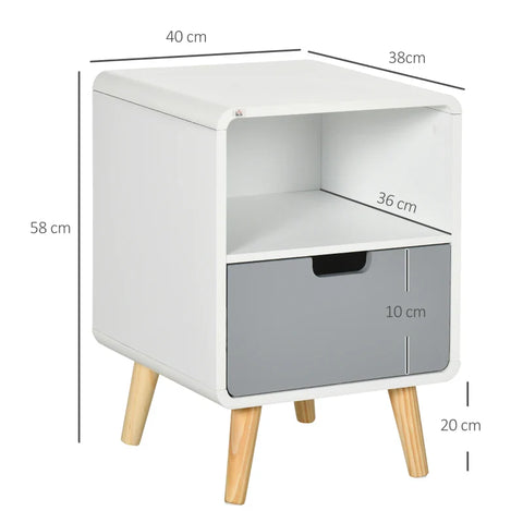 Rootz Bedside Table -  Nightstand - Scandinavian Design - Large Drawer - Waterproof Paint - White - 40 x 38 x 58 cm