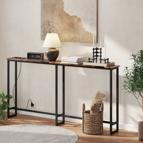 Rootz Slim Console Table with Charging Station - Industrial Side Table - Narrow Hallway Table - Built-in Charging Ports - 160cm x 80cm