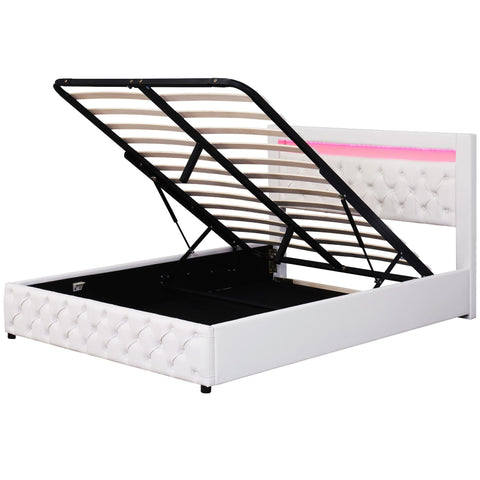 Rootz Upholstered Bed - Slatted Frame - Storage Space - LED Lighting - 140 x 200 cm - White - Durable PU Frame - 207L x 142W x 99H cm