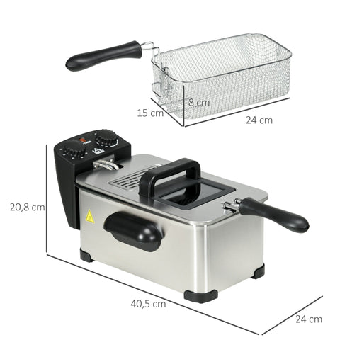 Rootz 3L Deep Fryer - Oil Cooker - Electric Fryer - 2000W Power - Black and Silver- Transparent Lid - 40.5cm x 24cm x 20.8cm