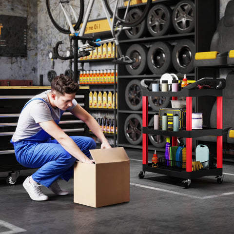 Rootz Tool Car - Utility Cart - Mobile Storage - Side Handles - 83cm x 43cm x 97cm - Red