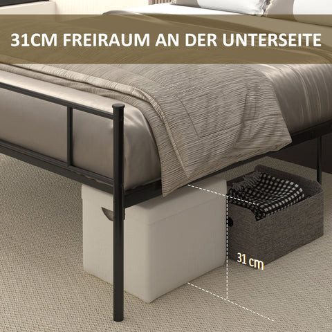 Rootz Metal Bed Frame with Headboard - Sturdy Double Bed - Steel Platform Bed - 300kg Capacity - Storage Space - 145 x 211 x 108 cm - Black