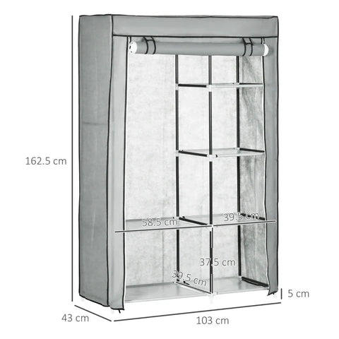 Rootz Fabric Cabinet - Cloth Cabinet - Closet Storage Solution - 6 Shelves - 1 Clothes Rail - Cupboard - Gray - 103L x 43W x 162.5H cm
