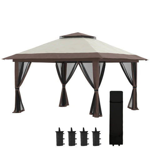 Rootz Folding Gazebo - Height Adjustable - 4 Mesh Walls - Ventilation Roof - Carry Bag - Quick Assembly - Beige - 4 x 4 x 3 m