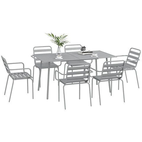 Rootz Garden Furniture Sets - Outdoor Seating - Weatherproof - Dining Table & Six Armchairs - Metal Plate Design - Steel - Light Gray - 150 x 80 x74 cm