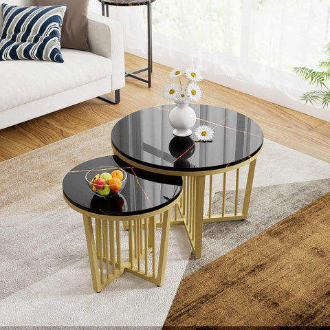 Rootz Marble Look Nesting Coffee Table Set - Elegant Table - Luxurious Coffee Table - Easy Clean - 70L x 70W x 50H cm & 50L x 50W x 45H cm