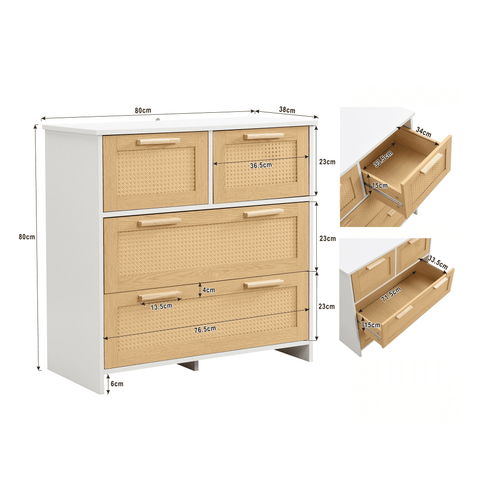 Rootz High-Quality Rattan Cabinet - 4 Drawer Storage - Solid Wood Handles - Durable & Stylish - 80L x 80W x 38H cm