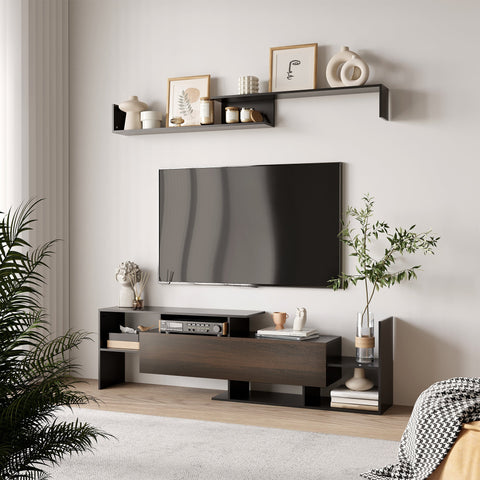 Rootz TV Furniture Set - TV Bank - Wall Shelf - Chipboard Durability - 153.6h x 25 x 42cm TV Stand, 150 x 14.5 x 16.3cm Wall Shelf