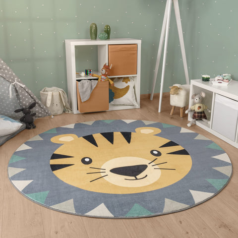 Round Kids' Rug – Soft Short-Pile – Animal Motifs – Durable & Washable
