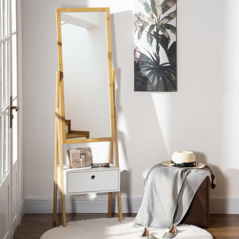 Rootz Freestanding Mirror with Drawer - Dressing Mirror - Storage Mirror - Bamboo MDF - 45L x 30W x 160H cm