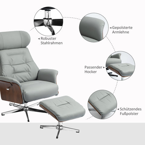 Rootz Relaxation Chair with Stool - Reclining Chair - Swivel TV Chair - 135° Tilt Function - 80W x 84D x 108H cm - Grey
