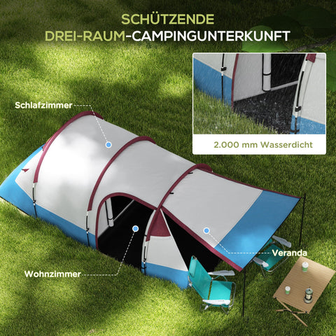 Rootz 3 Person Camping Tent - Outdoor Tent - Waterproof Shelter - Lantern Hooks - 420cm x 200cm x 150cm - Blue, White
