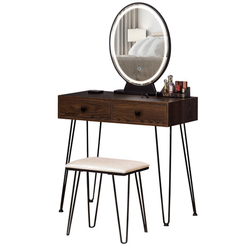 Rootz Modern Dressing Table Set - Vanity Desk - Makeup Station - LED Mirror - Adjustable Lighting - 80x40x136cm -Brown