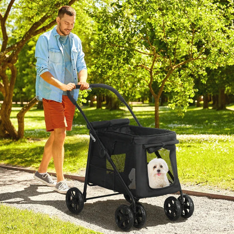 Rootz Dog Trolley With Cushion - 3 Side Pockets - Foldable Dog Trolley - Dog Cart - Oxford Fabric - Black - 102 cm x 62 cm x 105 cm