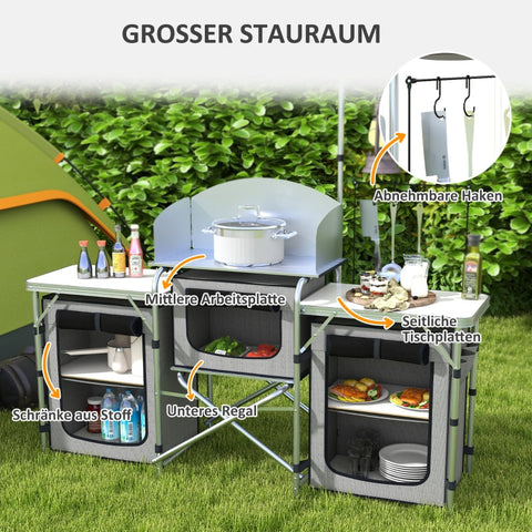 Rootz Camping Kitchen - Outdoor Cooking Station - Portable Camp Kitchen - Ample Storage - Adjustable Lamp Stand - 172L x 48W x 119H cm