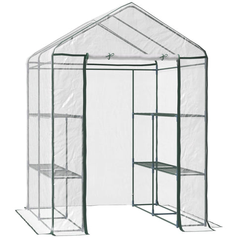 Rootz Walk-In Film Greenhouse - Garden Shed - Plant Shelter - Extends Growing Season - 6 Shelves - Roll-Up Zippered Door - 143cm x 143cm x 195cm