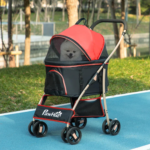 Rootz 2-in-1 Dog Buggy - Pet Stroller - Foldable Dog Trolley - 1 Basket - 1 Bag - Universal Wheel Brake - Red - 82cm x 49.5cm x 98cm