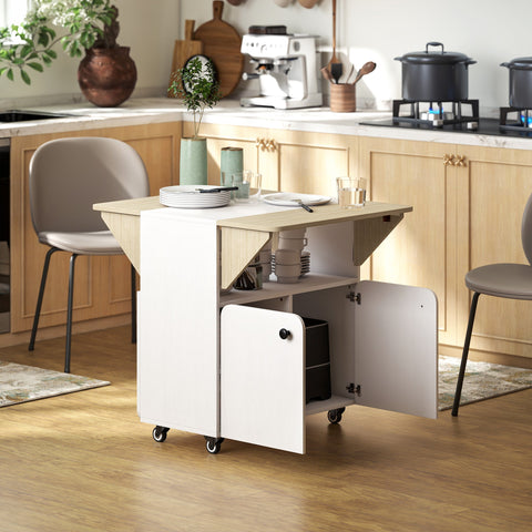 Rootz Folding Table Cabinet - Convertible Dining Table - Expandable Roller Cabinet - Space-Saving Design - 70 x 83 x 75cm - White + Brown