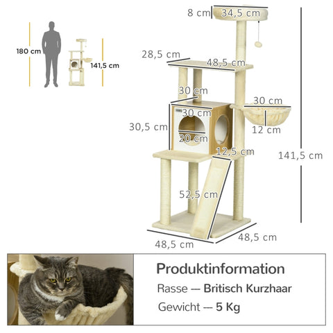 Rootz Cat Tree Scratching Post - Cat Cave - Multi-Level Cat Tower - Ultimate Comfort - Sisal Rope - 48.5cm x 48.5cm x 141.5cm
