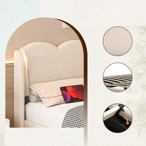 Rootz Double Bed - Wavy Headboard - Hydraulic Storage - Velvet Optics - USB Ports - 205cm x 148cm x 96cm