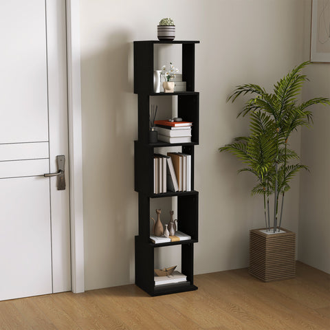 Rootz Modern Library Shelf - Storage Shelf - 5 Level Bookshelf - Space-Saving Design - 33x28x161cm - Black