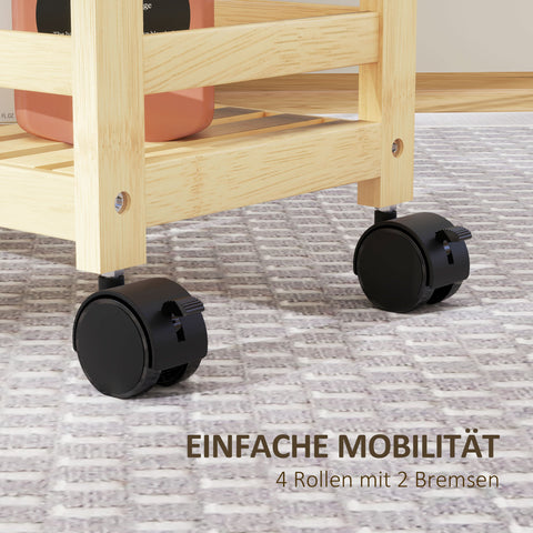 Rootz 3 Floor Bamboo Serving Cart - Storage Car - Rolling Trolley - Mold-Free Slat Shelves - 55cm x 20cm x 75cm