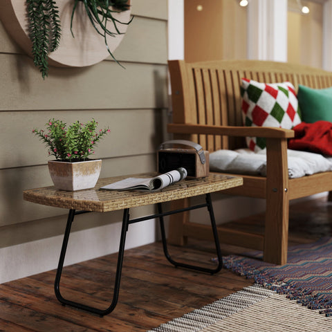 Rootz Poly Rattan Garden Table - UV-Resistant Side Table - Outdoor Coffee Table - Elegant Glass Top - 90 x 50 x 45 cm