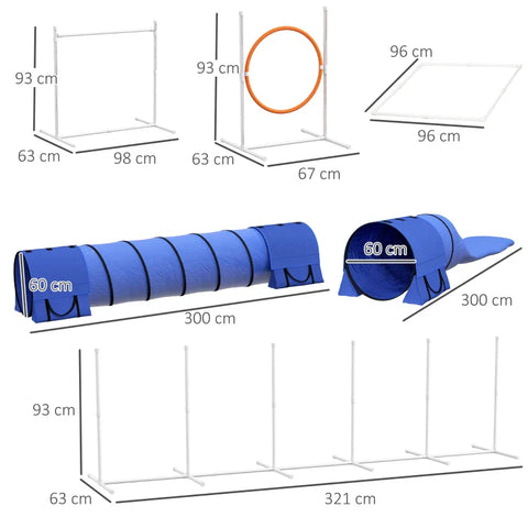 Rootz Dog Agility Set - 1 Hoop - Dog Course - 2 Tunnels - 2 Hurdles - U-shaped Ground Spike - Carry Bag - Plastic-ABS-oxford - White-orange-blue - 321 cm x 63c m x 93 cm