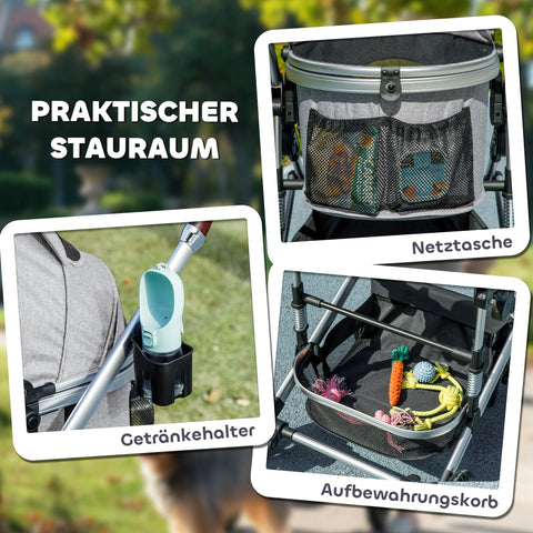 Rootz 3 in 1 Dog Buggy - Pet Stroller - Foldable Cat Carrier - Padded Cabin - 83cm x 61cm x 103cm - Up to 10kg - Grey, Black